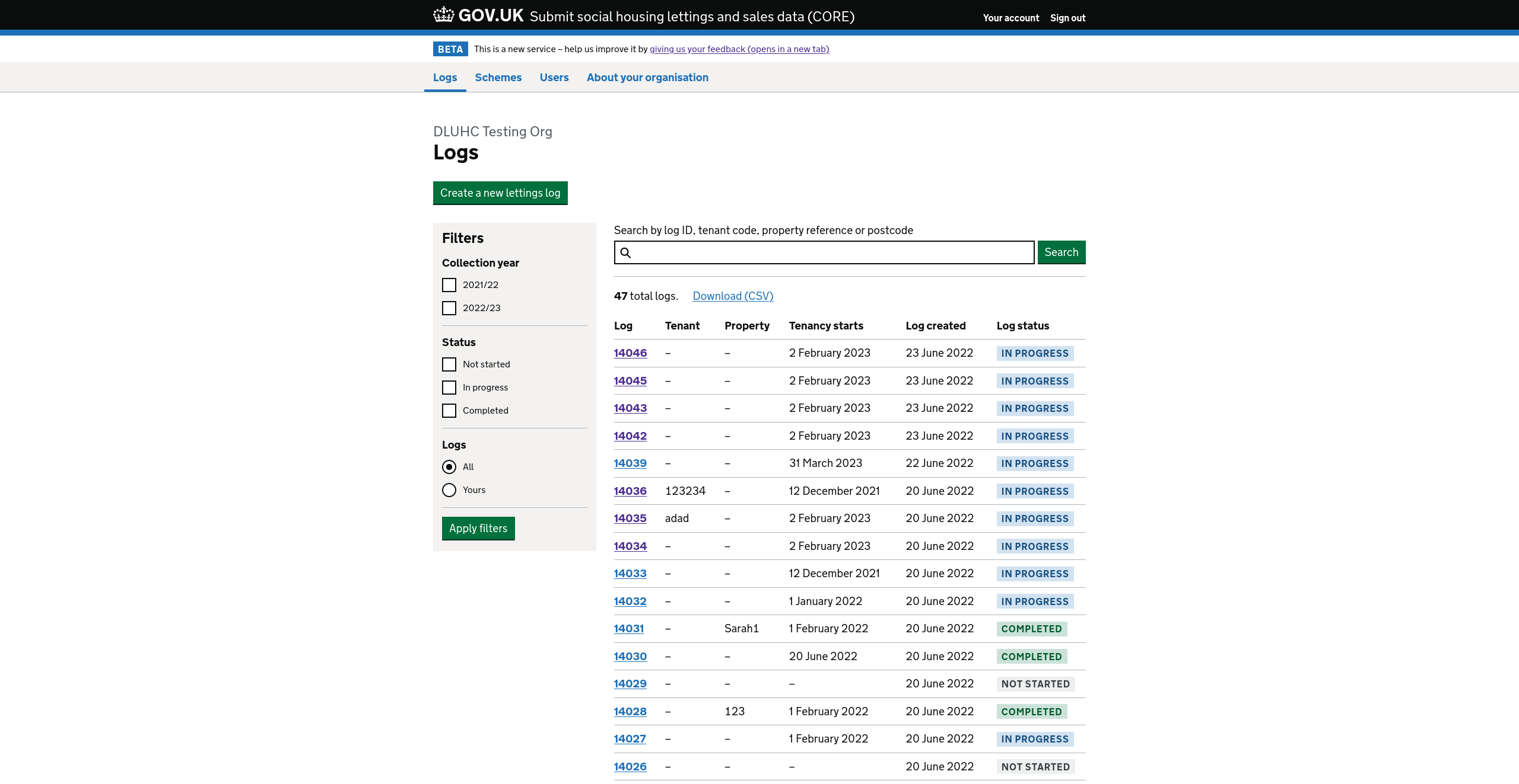 View of the logs list